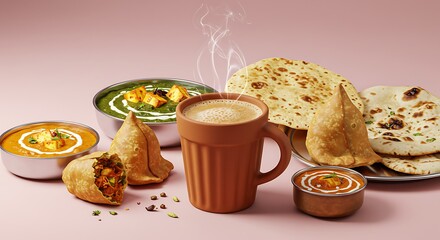 Delicious Indian Food Feast with Steaming Masala Chai, Samosas, Paneer Curries, and Naan Bread on Pink Background
