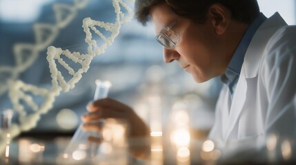 A medical researcher silhouette double-exposed with DNA strands and laboratory glassware, illustrating biotechnology, genetic medicine, and scientific discovery. cinematic color correction, natural
