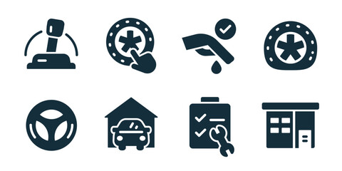 Car service excellent icon collection. Car parking, fuel pump, mechanic glove wrench, broken engine, accident repair, car gear system, garage door, speedometer