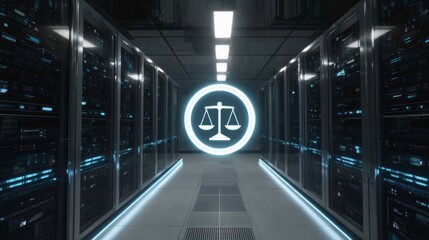 Futuristic legal scale icon glowing inside a hightech data center with server racks illuminated by blue lights and sleek textures, representing digital justice and secure data management