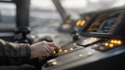 Close-up of radar screen controls and glowing interface elements, highlighting human–machine interaction and precision instrumentation. cinematic color correction, natural uneven lighting yet