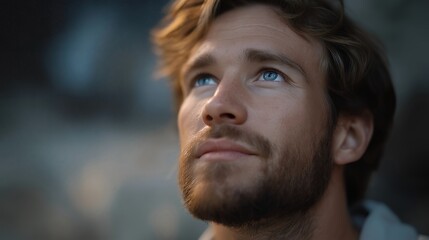 A face looking upward double-exposed with satellites, stars, and orbit lines, expressing space technology, innovation, and future exploration. cinematic color correction, natural uneven lighting