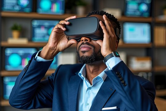 African American Business Analyst Using Virtual Reality Goggles to Analyze Data Trends - Powered by Adobe