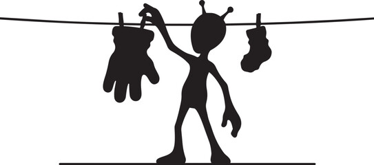 Alien with antennae hanging laundry in silhouette style vector illustration isolated on transparent background © MDSHOFIQUL