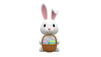 Cute White Easter Bunny Holding Basket of Striped Eggs