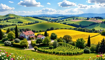 Fototapeta premium Idyllic Countryside Landscape with Cottages and Blooming Fields