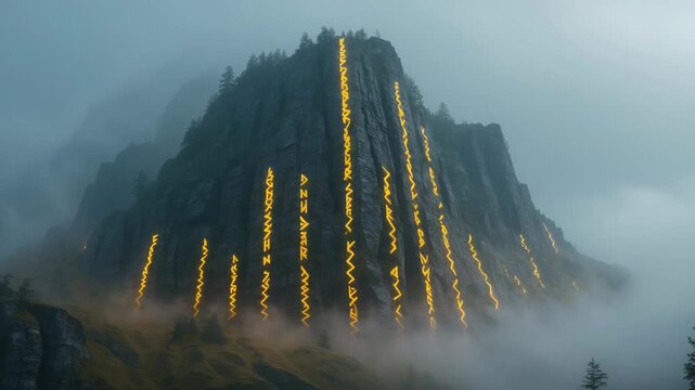 Cinematic wide shot of a massive rocky mountain peak shrouded in thick fog with mysterious glowing golden ancient runes and mystic symbols carved into the stone cliff face at twilight