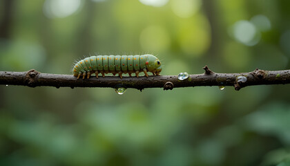 Fototapeta premium Green caterpillar crawling slowly on a thin branch in nature