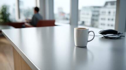 Minimalist office scene with a coffee mug on a smooth white desk, soft lighting, large windows with city view, professional atmosphere, empty space for text