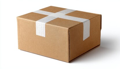 Isolated Brown Cardboard Shipping Box Sealed with White Packing Tape, Ready for Delivery.