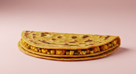 Delicious Indian Paratha with Savory Vegetable Filling on a Pink Background. Authentic Indian Flatbread Dish.