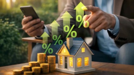 Real Estate Investment Growth Concept with House Model Coins and Percentage Increase Displayed on Smartphone for Property Finance Planning