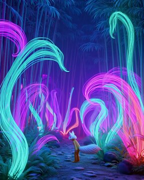 Kitsune AI spirit tails waving softly in neon