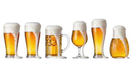 Seven distinct beer glasses (pilsner, pint, mug, tulip, weizen, pokal) filled with golden lager, frothy white foam overflowing, on transparent studio background with reflections, soft diffused