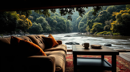a secluded place for relaxing with a sofa, armchair, and table by the river