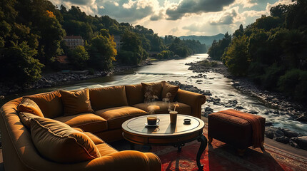 a secluded place for relaxing with a sofa, armchair, and table by the river