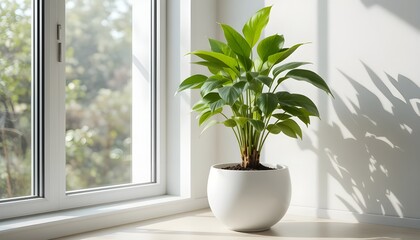 “Modern indoor houseplant growing in white ceramic pot, minimal home interior, natural window light, realistic lifestyle photography, clean composition, copy space, high detail, commercial stock image