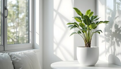 “Modern indoor houseplant growing in white ceramic pot, minimal home interior, natural window light, realistic lifestyle photography, clean composition, copy space, high detail, commercial stock image