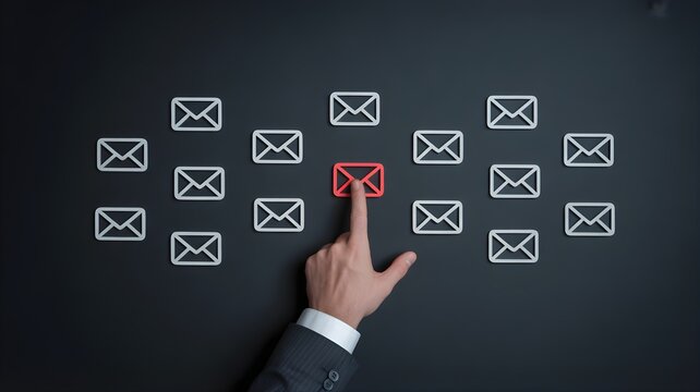 A conceptual high angle shot of a businessman's hand in a suit pointing to a single red envelope icon among several white email icons on a dark background representing direct marketing - Powered by Adobe