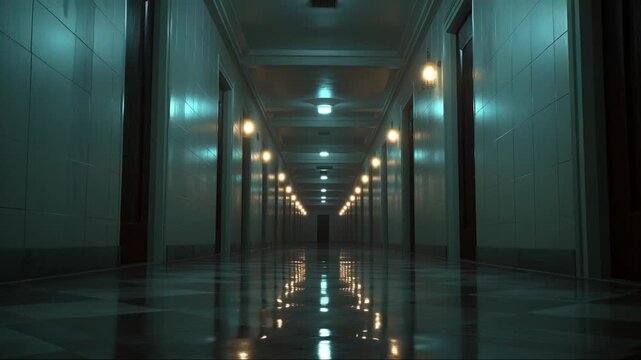 empty corridor with lights flickering slowly, blue light tunnel