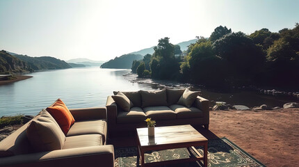 a secluded place for relaxing with a sofa, armchair, and table by the river