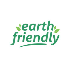 Earth friendly vector logo emphasizing eco-consciousness, featuring green script text and stylized leaf elements on a white background