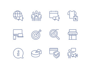 Business and marketing icon set, global communication, target strategy, analytics, promotion, e-commerce, finance, security and customer interaction linear outline symbols flat vector illustration.