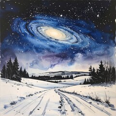 Winter Galaxy Over Snowy Landscape Watercolor Painting.