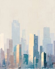 Dreamy Watercolor City Skyline in Soft Pastel Hues, Bathed in Gentle Golden Light.