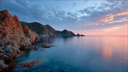 Dramatic wideangle shot of rugged coastal cliffs at sunset with fiery orange glow, reflecting on calm waters, dramatic sky with colorful clouds, natural grandeur, copy space on the right
