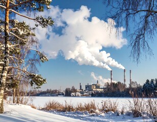 Winter Landscape with Industrial Smoke and Snowy Field.