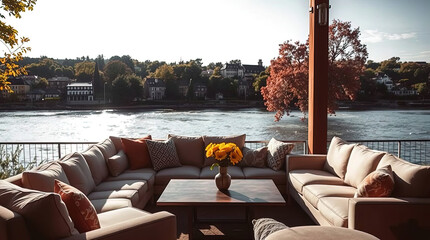 a secluded place for relaxing with a sofa, armchair, and table by the river