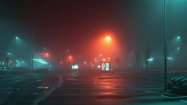 night parking lot glowing with strange mist, night city street