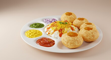 Delicious Indian Street Food Platter with Dahi Puri, Gol Gappa, and Chutneys