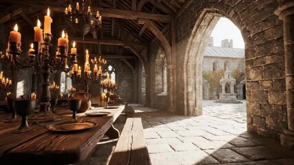 Candlelit medieval hall with courtyard view. Historic banquet table with candelabra and stone architecture. Feudal era feast setting. - Powered by Adobe