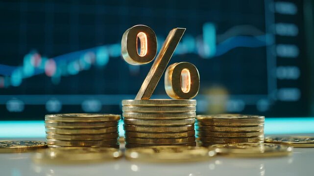 Golden percent sign stands on coin stacks with financial chart behind. Interest rate symbol on money shows investment growth. Percent on coins displays finance concept. Gold coins with percent sign.