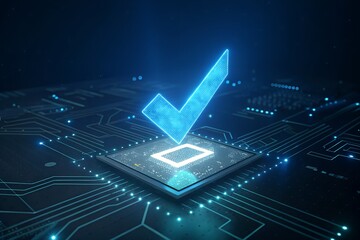 Glowing blue digital check mark hovers above a central processing unit chip symbolizing successful data verification or secure technology validation in a dark circuit board environment