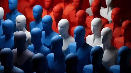 Abstract Human Figures in Red, White, and Blue Striking Visual Pattern of Unity and Diversity, Emphasizing Collective Identity with Smooth, Faceless Forms and Stylized Features