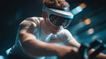 Medium shot of a person wearing VR goggles intensely pedaling on a stationary bike in a virtual cycling workout environment.