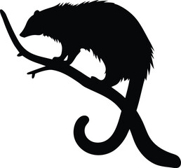 Elegant black silhouette of a furry lemur like animal balancing on a curved tree branch with long tail