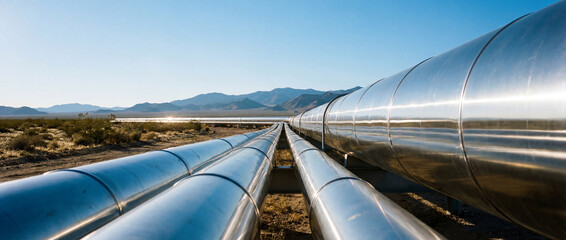 Perspective View of Long Steel Pipelines Stretching Across Arid Desert Landscape &ndash; Concept for Global Energy Transport, Infrastructure Development, and Oil and Gas Logistics