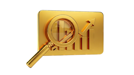 Golden Magnifying Glass Over Upward Trend Bar Chart