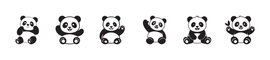 Group of cute panda bears in different joyful poses with happy expressions and simple background © MST