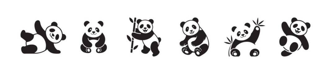 Various cute panda bear characters black and white icons set isolated on white background © MST