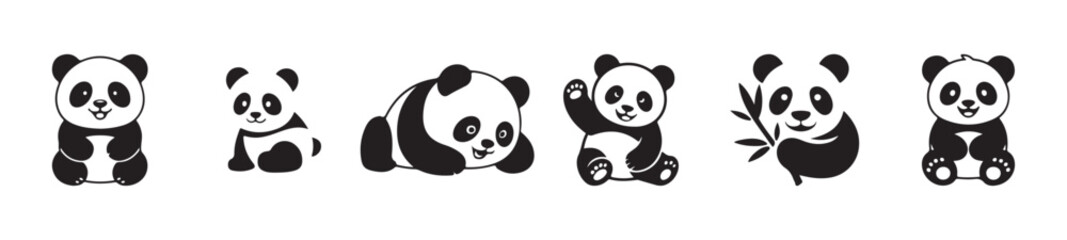 Happy cartoon panda sitting, eating bamboo, playful vector for kids © MST