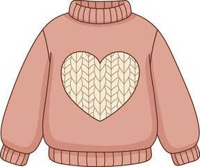 Cute Cozy Pink Knitted Sweater with Heart Pattern Illustration for Valentine's Day and Winter Fashion