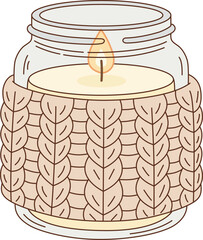 Cute Cozy Lit Candle in Jar with Knitted Sleeve Illustration for Valentine's Day and Home Decor