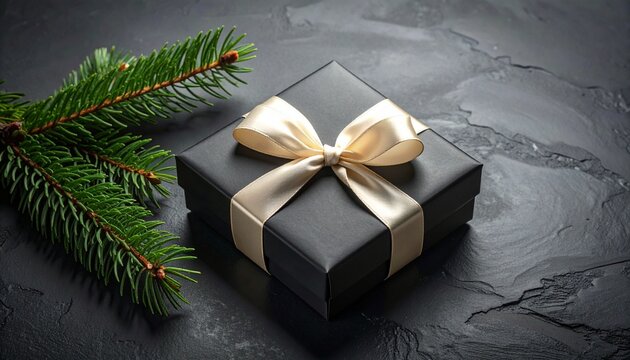 An elegant gold gift box wrapped with a satin ribbon placed on a dark textured surface, soft moody lighting highlighting luxury details, festive and minimalist composition with evergreen accents, prem