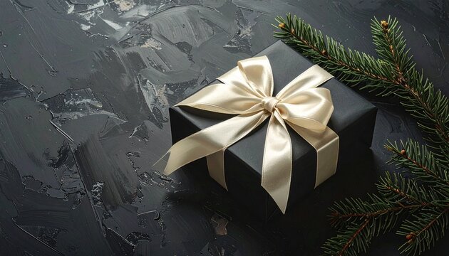 An elegant gold gift box wrapped with a satin ribbon placed on a dark textured surface, soft moody lighting highlighting luxury details, festive and minimalist composition with evergreen accents, prem