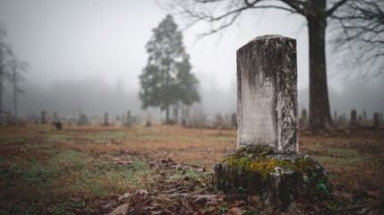 Weathered grave marker in a tranquil graveyard with muted tones